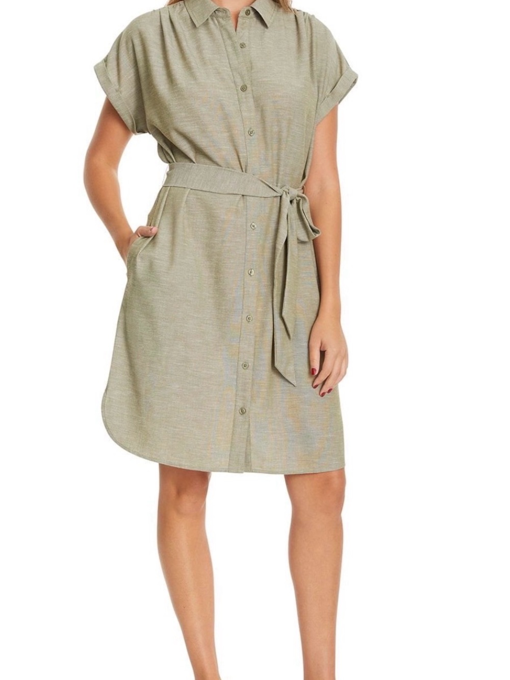 Nine West Olive Green Button-Front Asymmetrical Shirt Dress